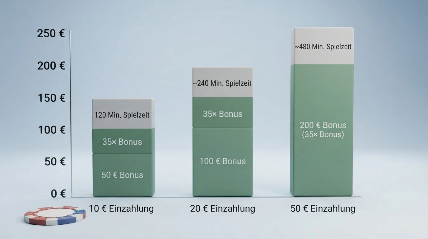 Grafische Gegenüberstellung: Einzahlungsbetrag, Bonus-Prozentsatz, erforderlicher Umsatz und resultierende Spielzeit für drei beispielhafte Bonus-Angebote.