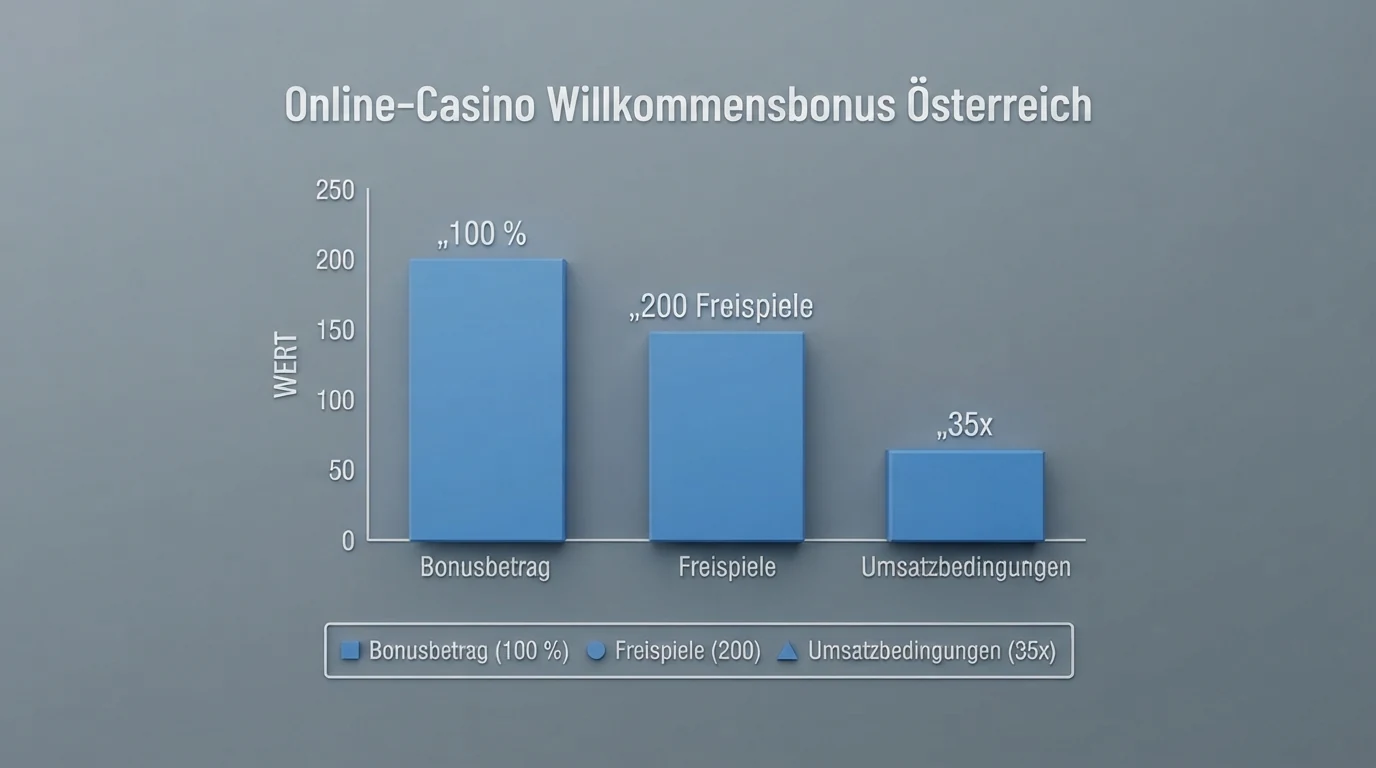 Eine stilisierte tabellarische Übersicht mit Bonus-Prozentsätzen, Freispiel-Zahlen und Umsatzbedingungen nebeneinander