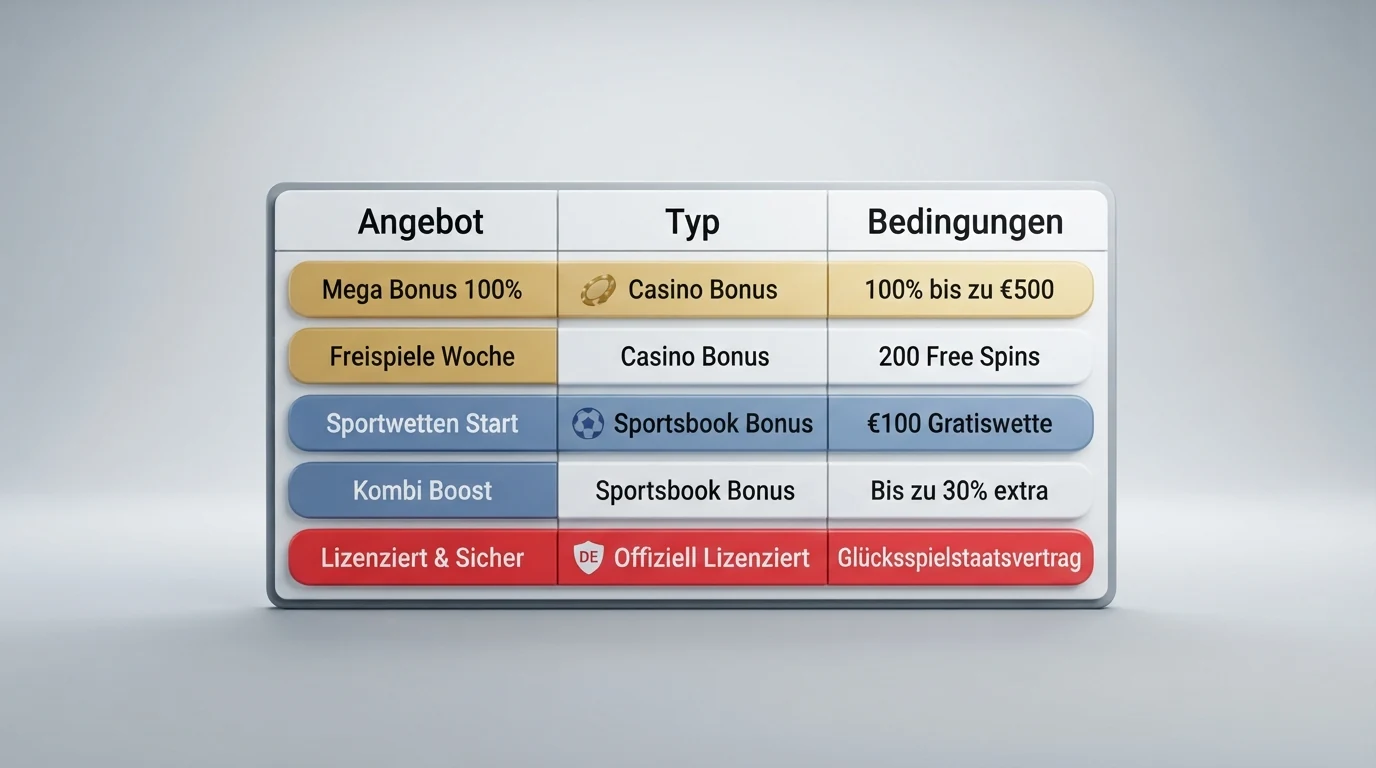 Eine stilisierte Vergleichstabelle mit Hervorhebung der Casino-Boni gegenüber Sportwetten-Angeboten