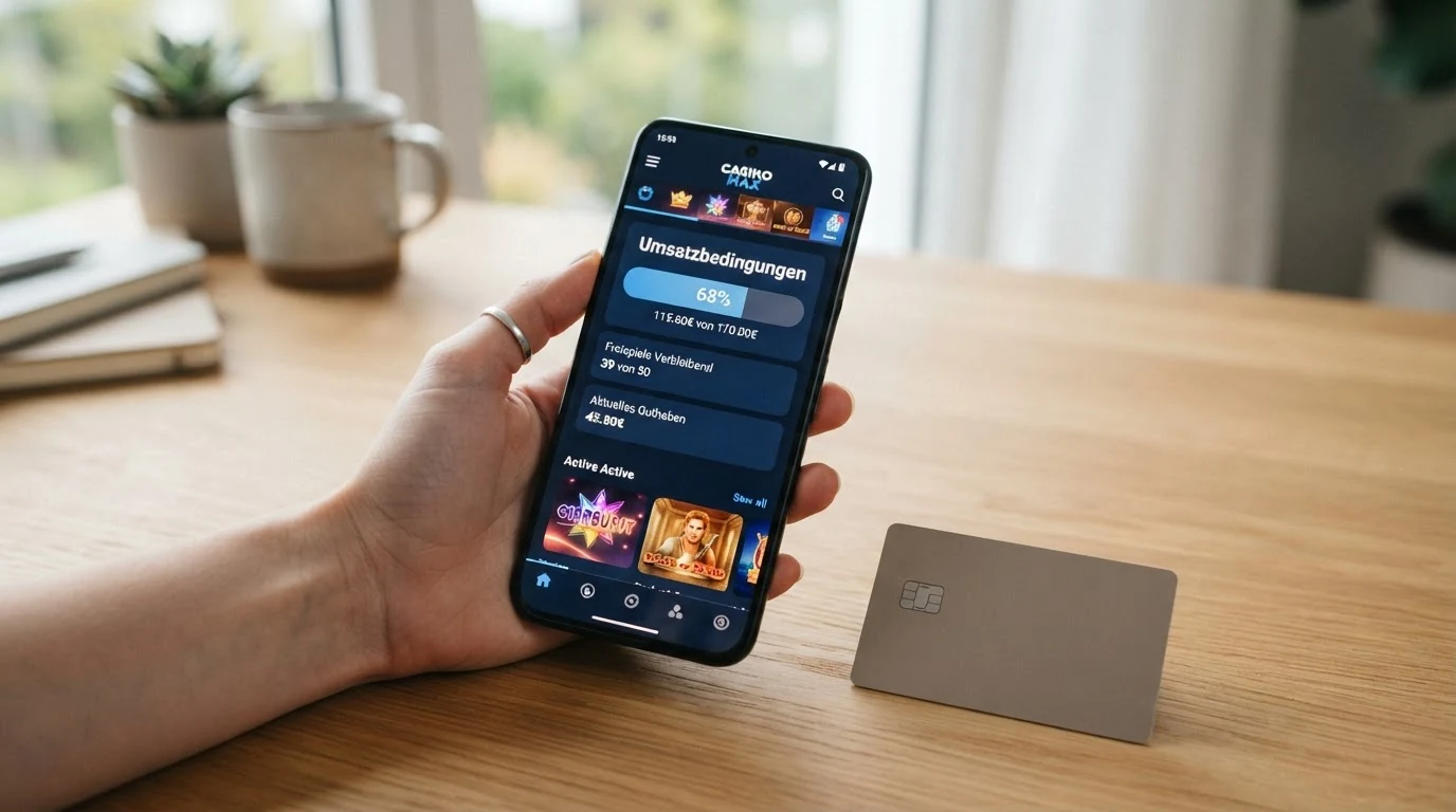 Nahaufnahme eines Smartphones, auf dessen Display eine Casino-App mit Freispiel-Zähler und einem Fortschrittsbalken für die laufenden Umsatzbedingungen zu sehen ist