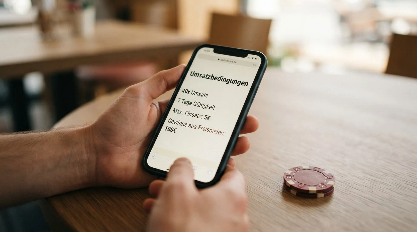 Nahaufnahme eines Bonus-Angebots mit hervorgehobenen Umsatzbedingungen und Gültigkeitsdatum auf einem Smartphone