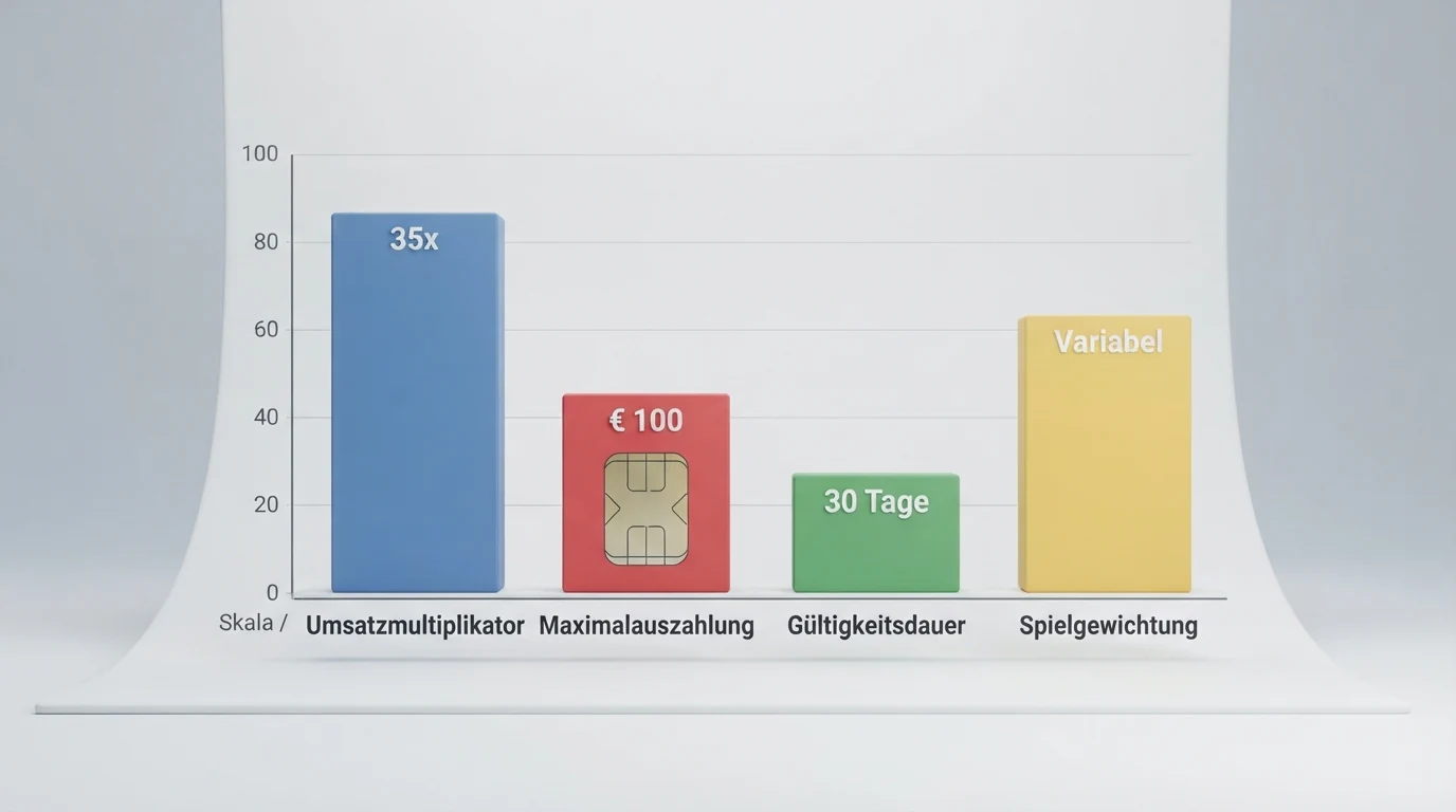 Schematische Darstellung der wichtigsten Bonus-Kennzahlen: Umsatzmultiplikator, Maximalauszahlung, Gültigkeitsdauer und Spielgewichtung nebeneinander