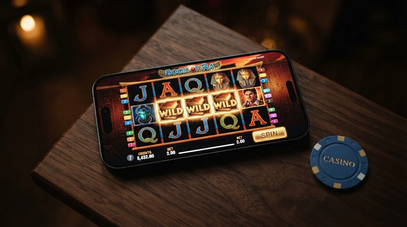 Der Spielbildschirm des Spielautomaten „Book of Dead“ von Play'n GO mit den Walzen, dem Buch-Symbol und der Freispiel-Anzeige