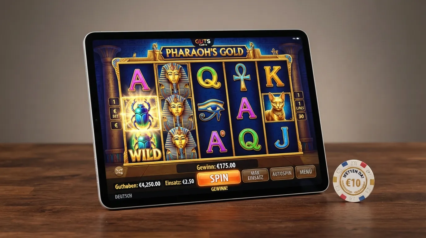 Der Spielautomat „Book of Dead“ von Play'n GO auf einem Tablet-Bildschirm, das Freispiel-Feature ist aktiv — ein expandierendes Symbol legt sich über drei Walzen, umgeben von ägyptischen Hieroglyphen und goldenen Rahmen.
