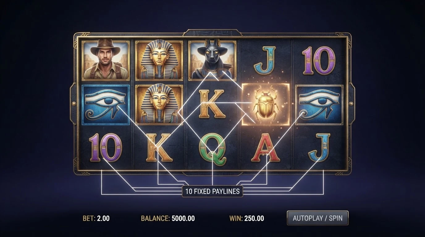 Die 5 Walzen und 3 Reihen des Book-of-Dead-Slots mit hervorgehobenen Gewinnlinien und dem Freispiel-Feature mit expandierendem Sondersymbol