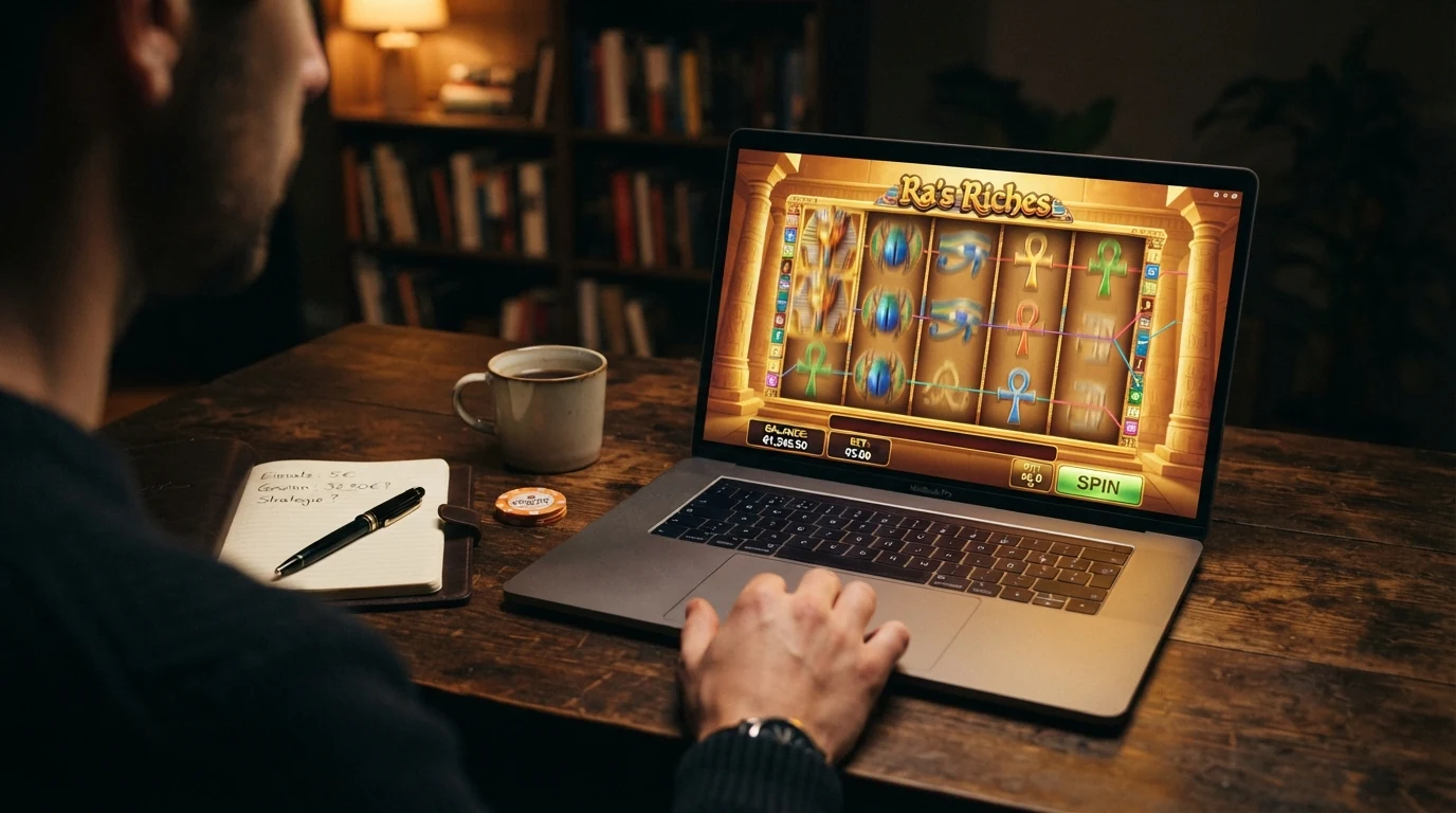 Spielbildschirm von Book of Ra mit den fünf Walzen, dem Archäologen-Symbol und den ägyptischen Gewinnsymbolen