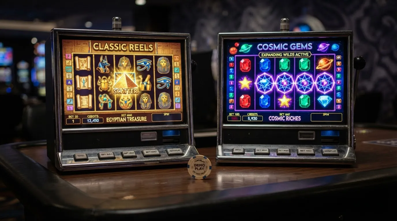 Book of Ra und Starburst Spielautomat nebeneinander im Demo-Modus mit sichtbaren Walzen und Gewinnlinien