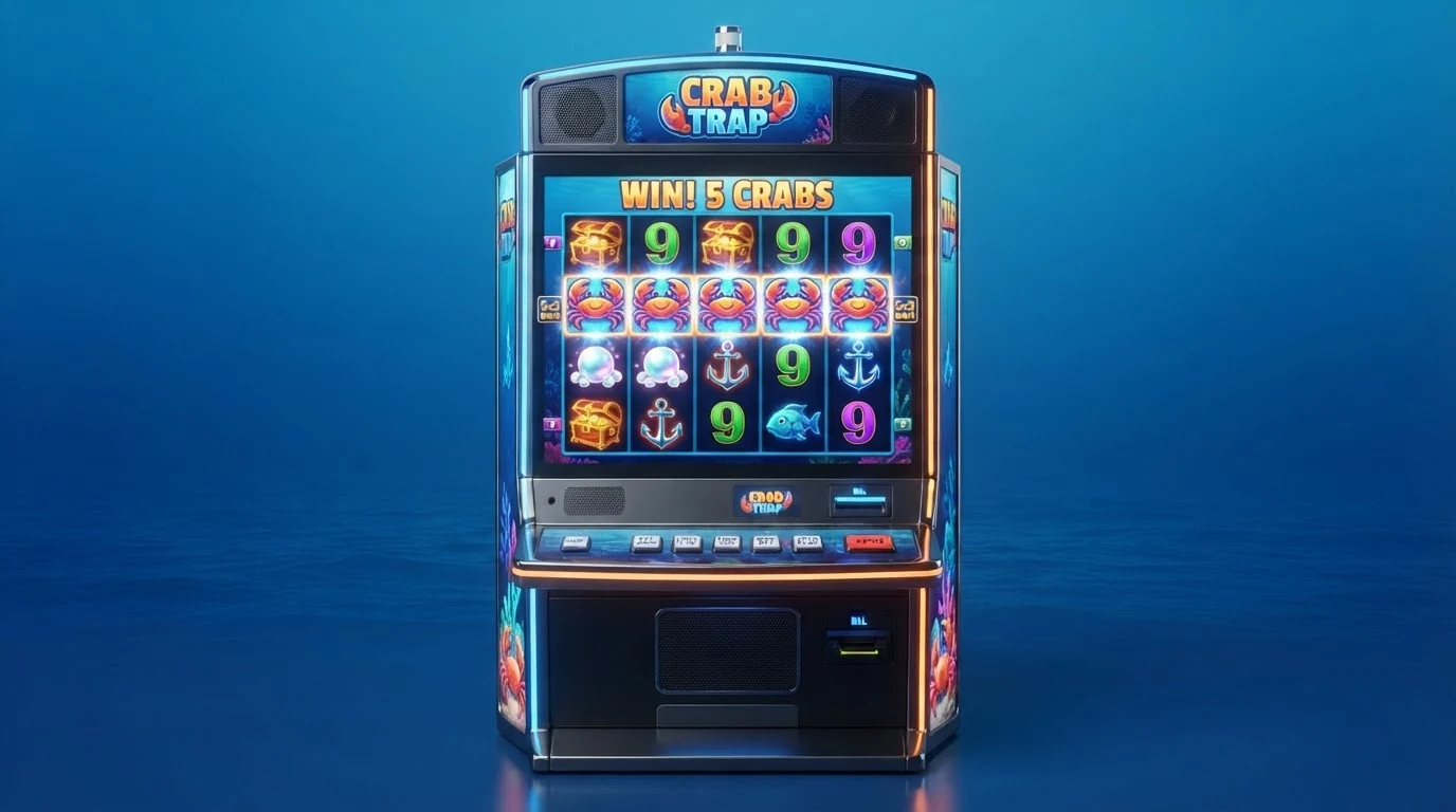 Spielautomat mit maritimem Krabben-Design, Walzen mit Krabben-Symbolen und Gewinntabelle