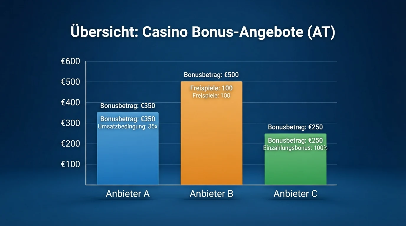 Eine Übersichtstabelle mit Casino-Namen, Lizenzsymbolen und Bonusangaben vor einem dunklen Spiele-Hintergrund