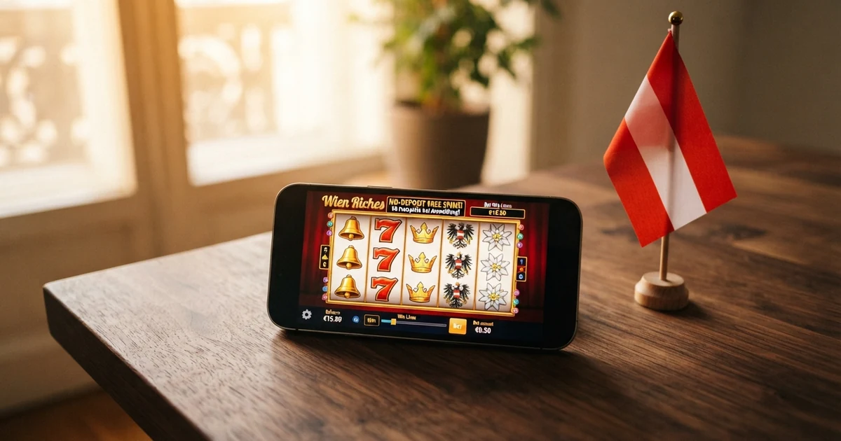 Nahaufnahme eines Smartphone-Bildschirms mit einem geöffneten Online-Casino-Freispiel-Willkommensbildschirm, daneben eine österreichische Flagge