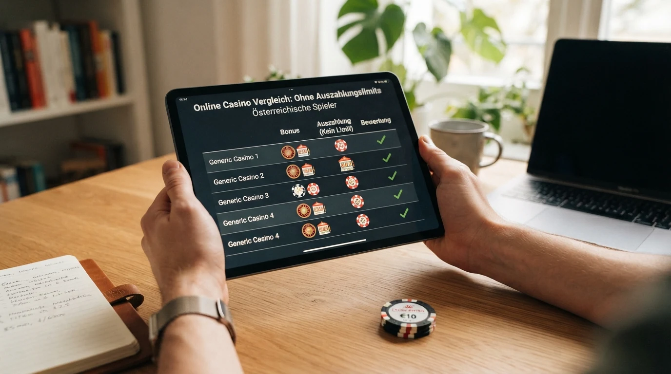Eine vergleichende Darstellung verschiedener Online-Casinos mit Symbolen für Lizenz, Auszahlung und Bonus