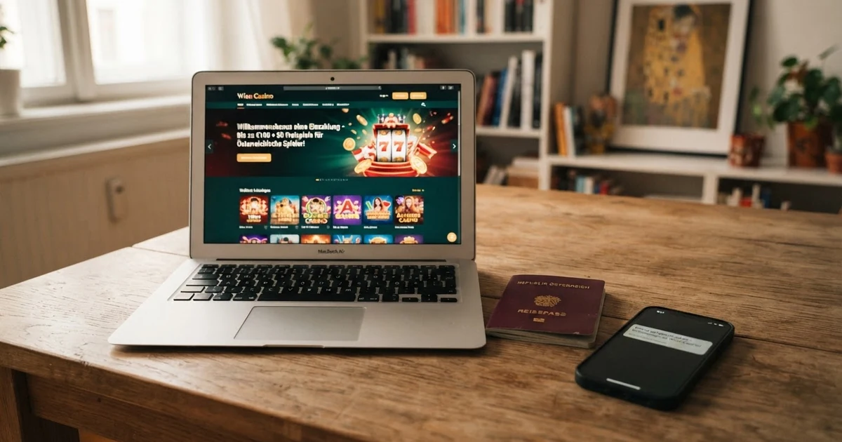 Ein geöffneter Laptop mit einer Casino-Startseite, daneben ein österreichischer Reisepass und ein Smartphone mit „Bonus gutgeschrieben“-Benachrichtigung