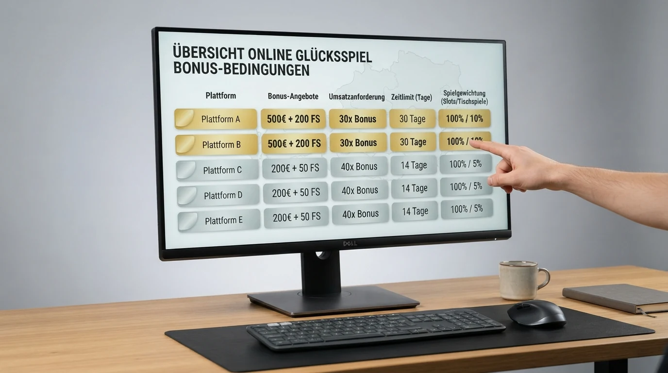 Eine tabellarische Übersicht mit Casino-Logos und farblich markierten Kennzahlen zu Umsatzfaktor und Bonuslaufzeit, angeordnet auf einem Bildschirm vor einer Österreich-Karte.