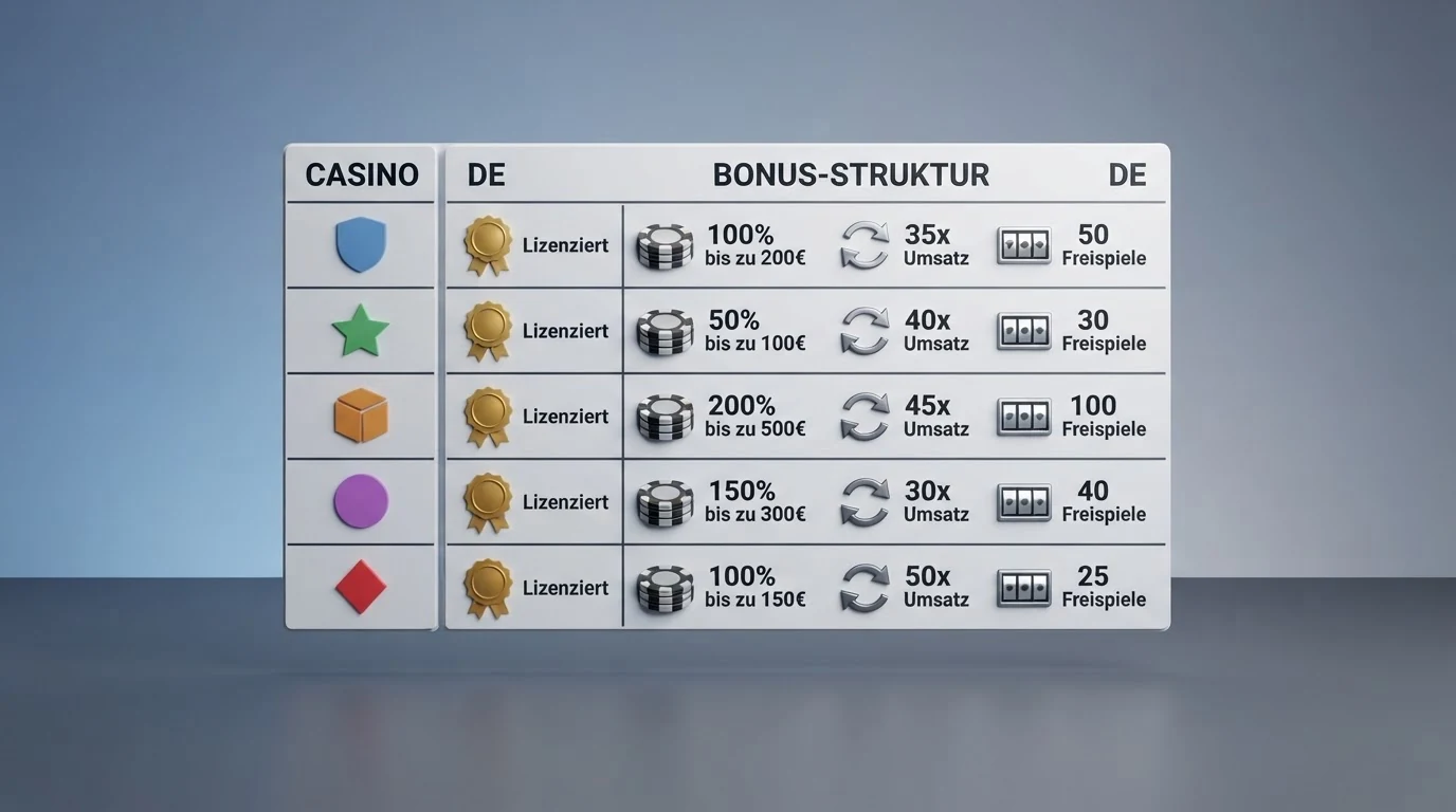 Eine tabellarische Übersicht mit Casino-Logos und Lizenzsymbolen, die lizenzierte und nicht-lizenzierte Anbieter visuell trennt