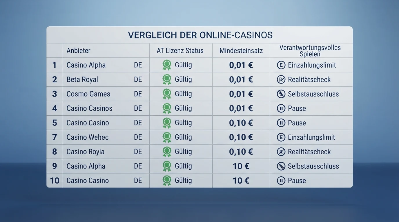 Vergleichstabelle der zehn vorgestellten Online-Casinos mit Einsatzspannen, Lizenzstatus und Spielerschutz-Merkmalen
