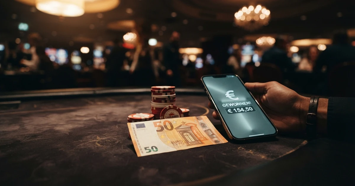 Ein Stapel Euro-Scheine auf einem Spieltisch mit österreichischer Flagge im Hintergrund, daneben ein Smartphone mit geöffneter Casino-App