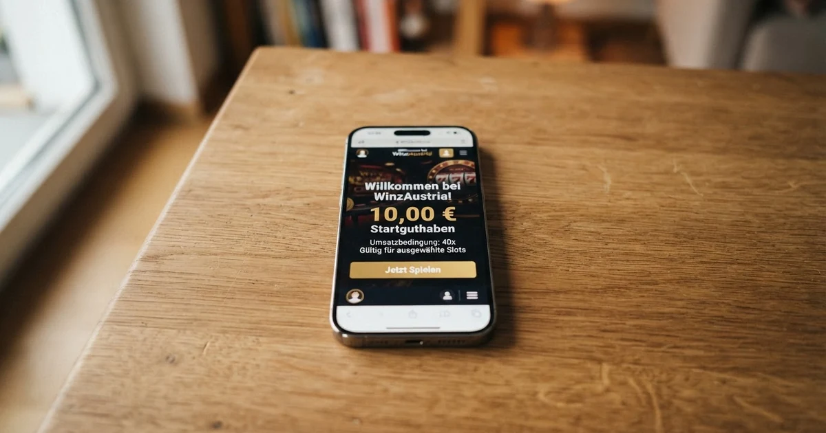 Ein Smartphone-Bildschirm mit einer Casino-Oberfläche, die ein Bonusguthaben von 10 Euro und den Hinweis auf Umsatzbedingungen anzeigt