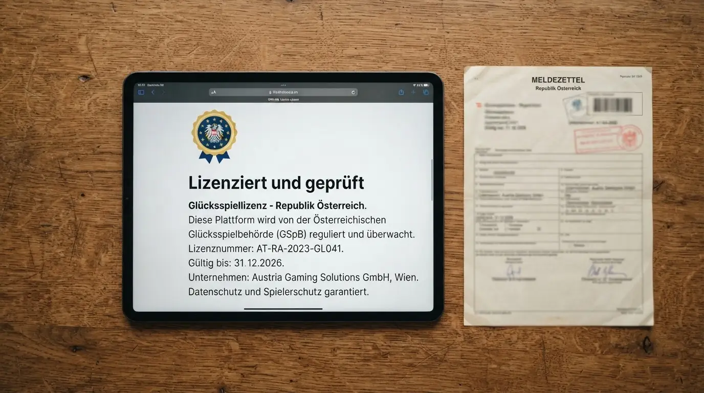 Nahaufnahme eines Tablet-Bildschirms mit geöffneter Lizenzseite eines Online-Casinos, daneben ein österreichischer Meldezettel
