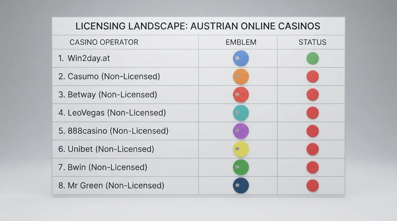 Eine tabellarische Übersicht mit Casino-Logos und farblich unterschiedenen AT-Lizenzstatus-Markierungen — grün für „lizenziert“, rot für „nicht lizenziert“