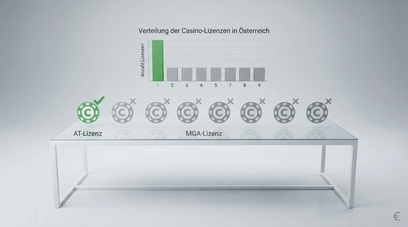 Übersichtstabelle mit zehn Casino-Logos, farblich markiert nach Lizenzstatus: ein grüner Haken für AT-Lizenz, graue Markierung für MGA