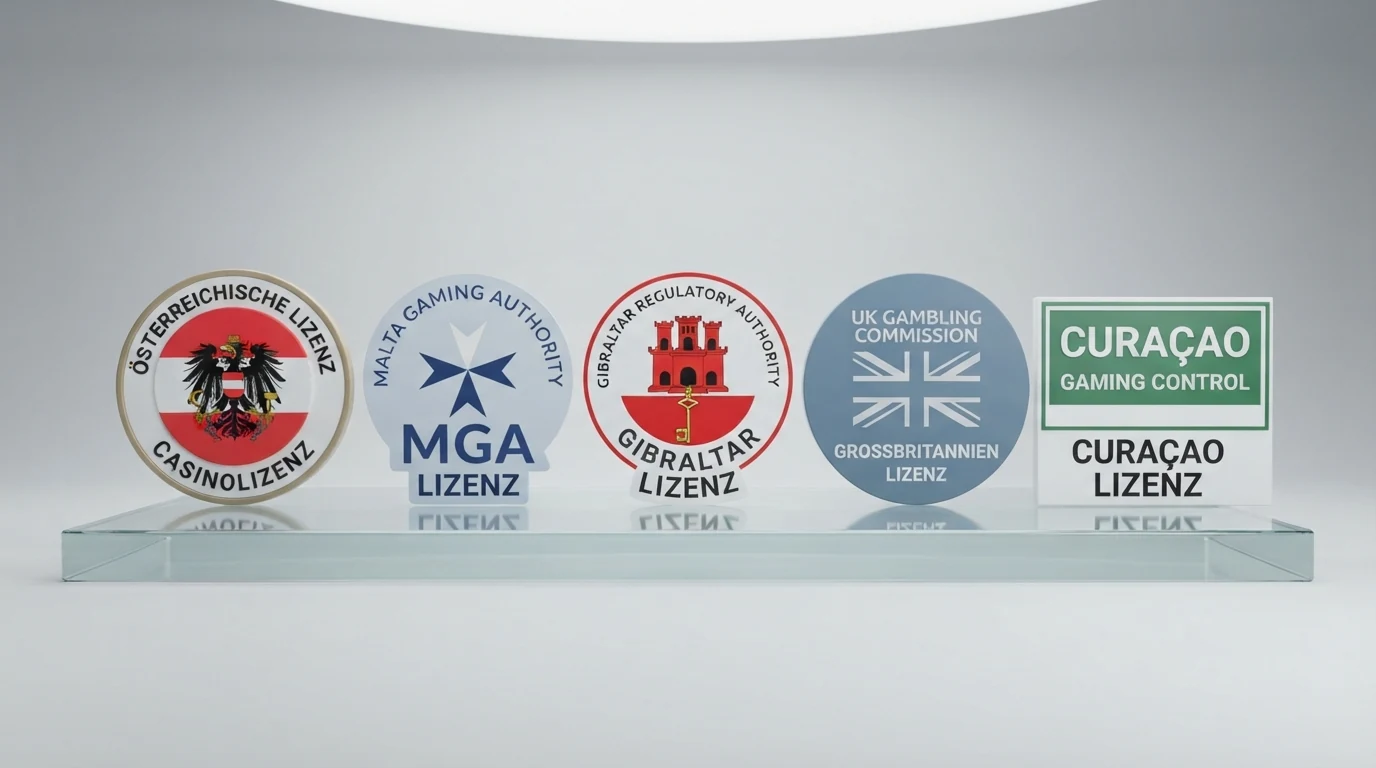 Grafische Übersicht der Lizenzlogos: AT-Konzession (BMF), MGA, Gibraltar, UKGC und Curaçao nebeneinander