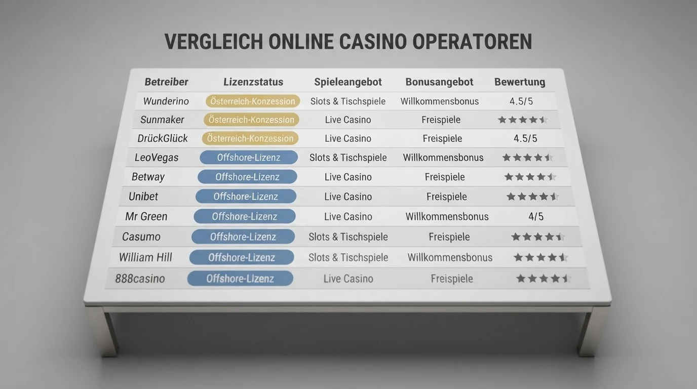 Eine tabellarische Gegenüberstellung der zehn geprüften Casino-Anbieter mit farblich markiertem AT-Konzessionsstatus und ecoPayz-Akzeptanz