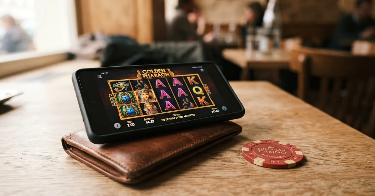 Ein Spieler betrachtet auf einem Bildschirm ein Casino-Willkommensangebot mit der Aufschrift „Bonus ohne Einzahlung“, daneben Symbolbilder von Spielautomaten und Freispielen