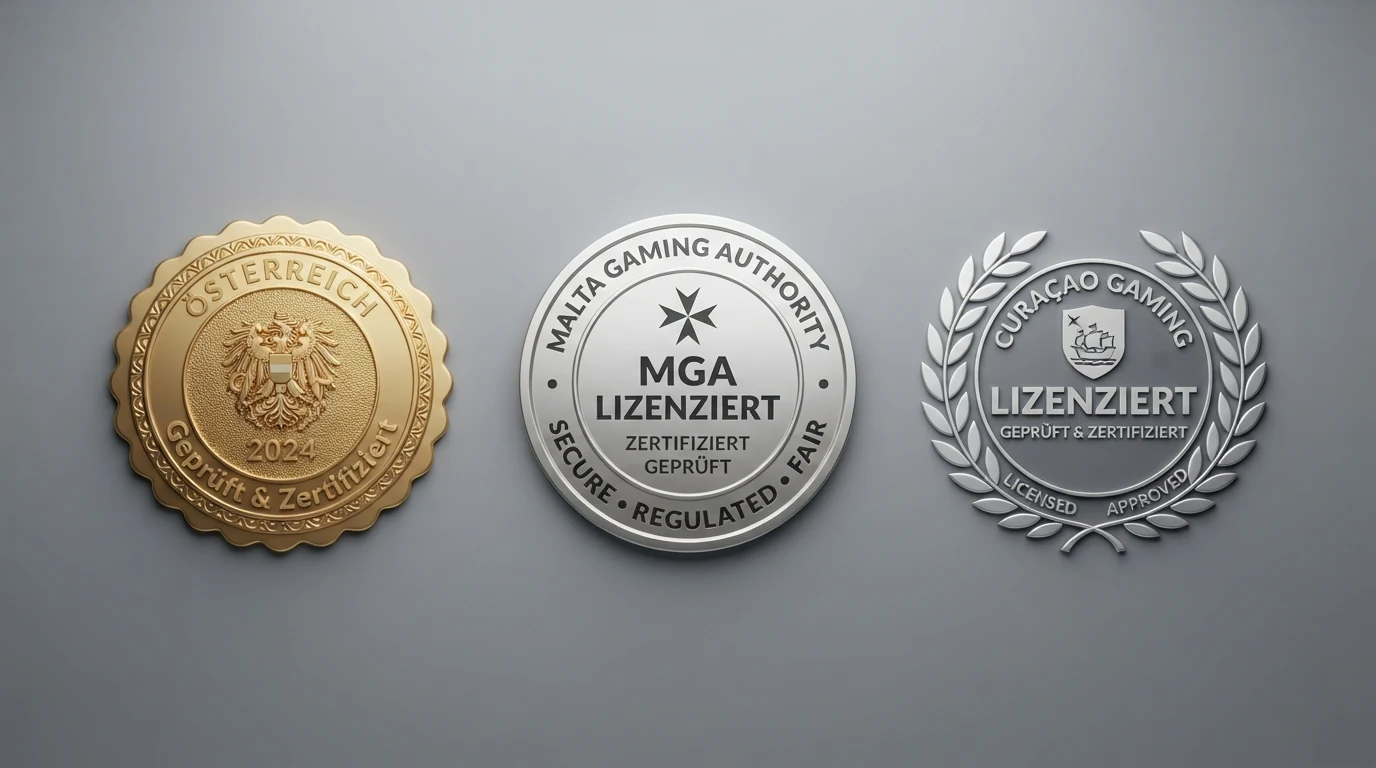 Übersicht der Casino-Logos mit ihren jeweiligen Lizenzsiegeln — MGA, Curaçao und das BMF-AT-Siegel nebeneinander