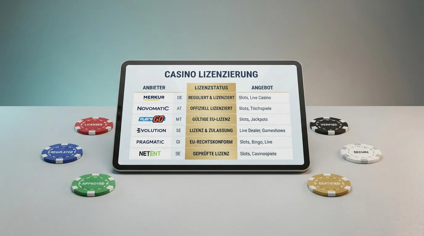 Eine tabellarische Übersicht mit Casino-Logos und einer farblich hervorgehobenen Spalte für den Lizenzstatus