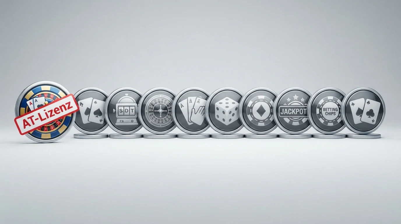 Eine übersichtliche Vergleichsgrafik: zehn Casino-Logos in einer Reihe, das win2day-Logo farbig hervorgehoben mit einem „AT-Lizenz“-Stempel, die übrigen neun Logos ausgegraut mit „Keine AT-Konzession“-Markierung