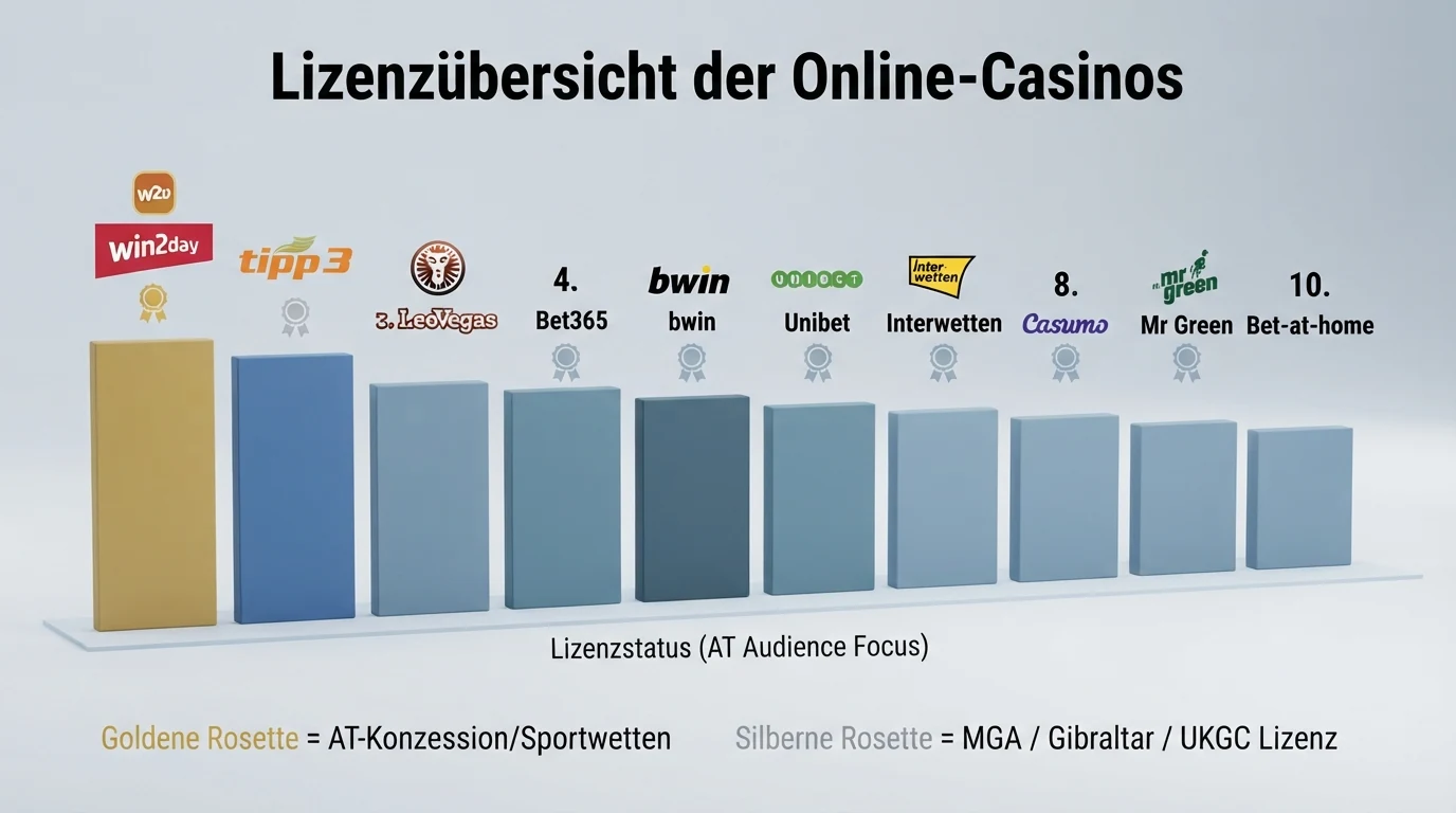 Übersichtstabelle mit Operator-Namen und AT-Lizenz-Status als farblich markierte Spalte