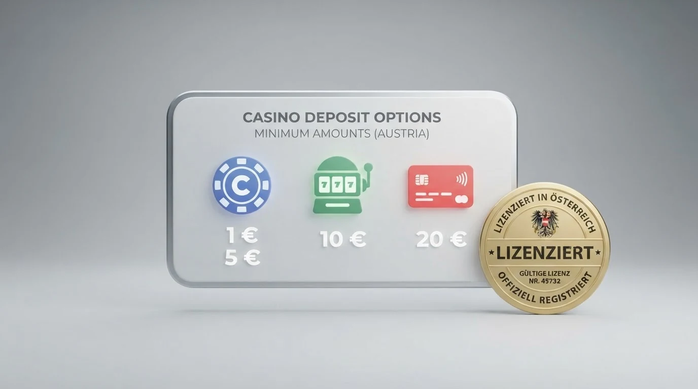 Vergleichstabelle mit den Logos und Mindesteinzahlungsbeträgen von zehn geprüften Online-Casinos für den österreichischen Markt