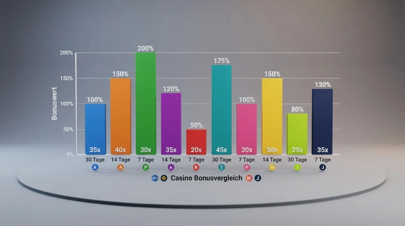 Eine tabellarische Gegenüberstellung von Casino-Logos mit Hervorhebung des AT-Lizenzstatus und der Bonusbeträge