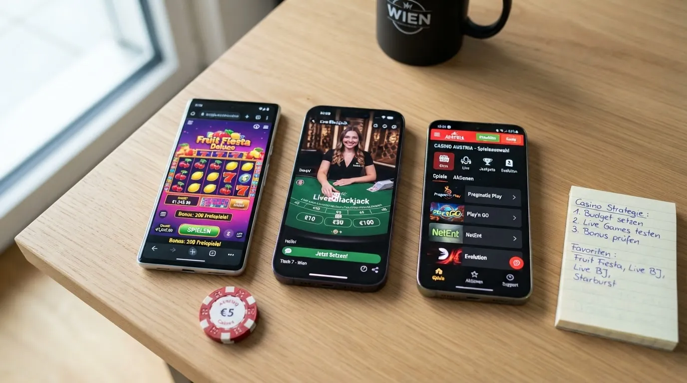 Eine übersichtliche Darstellung von Casino-Logos und Lizenzsiegeln vor einer stilisierten Österreich-Karte, die die Herkunft der Lizenzen und die AT-Perspektive visualisiert