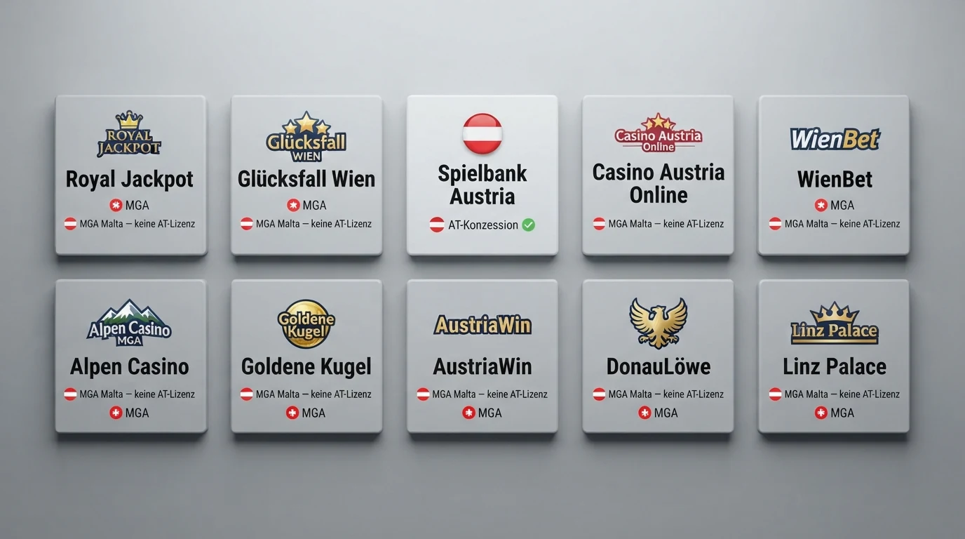Eine Übersichtsgrafik mit zehn Casino-Kacheln — eine davon mit dem Label „AT-Konzession“, die übrigen neun mit „MGA Malta — keine AT-Lizenz“ gekennzeichnet