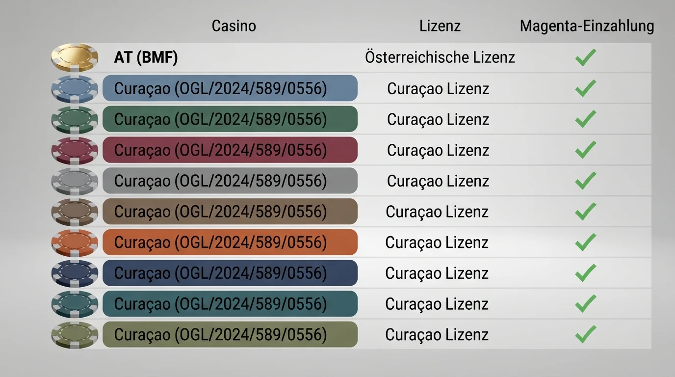 Übersichtliche Darstellung der 10 geprüften Magenta-Casinos mit ihren jeweiligen Lizenzsymbolen — ein Anbieter mit AT-Flagge, neun mit Curaçao-Kennzeichnung