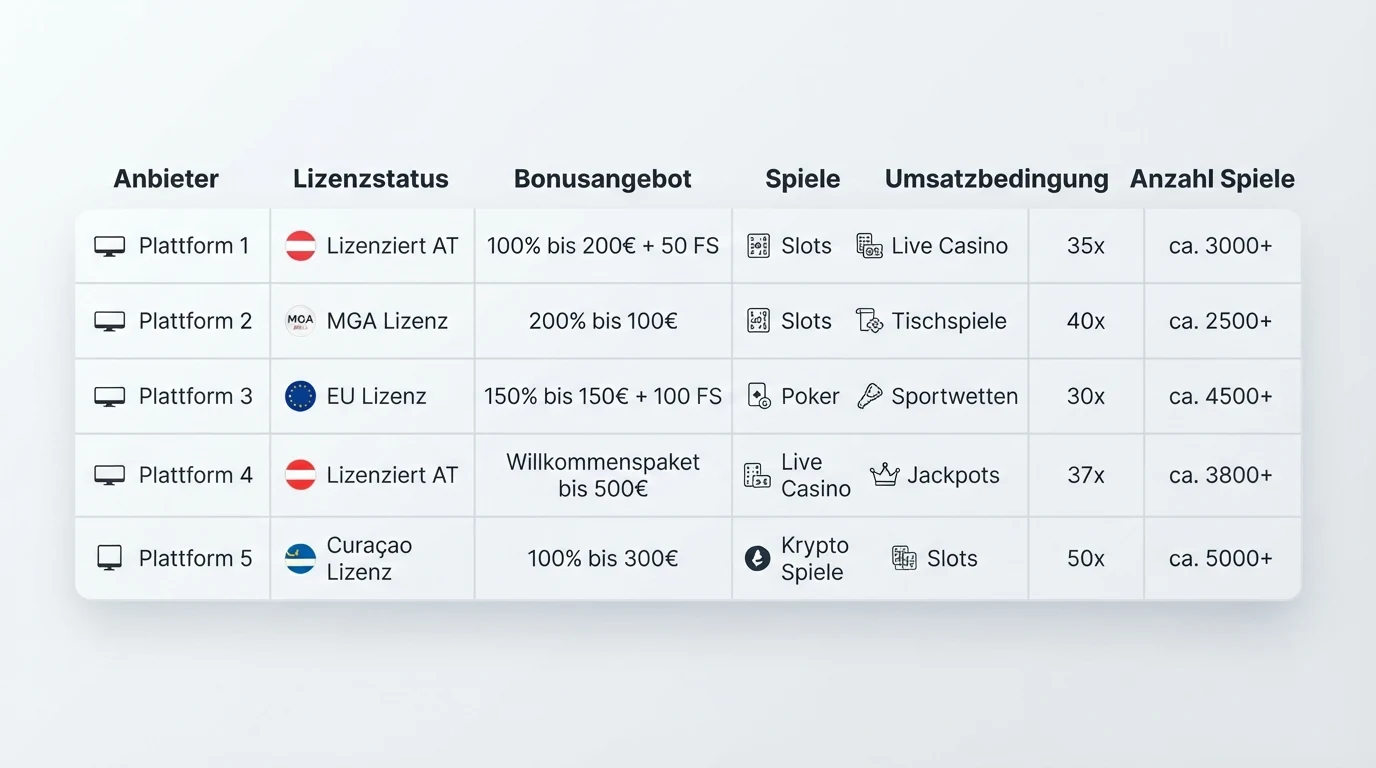 Übersichtstabelle mit den Logos und Kennzahlen der zehn getesteten Dogecoin-Casinos