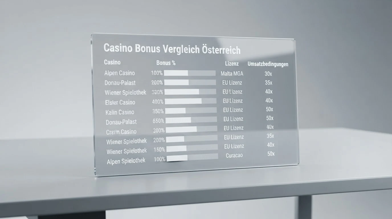 Zehn Casino-Logos in einer tabellarischen Übersicht mit farblich markierten Feldern für Bonus-Prozentsatz und Lizenzstatus