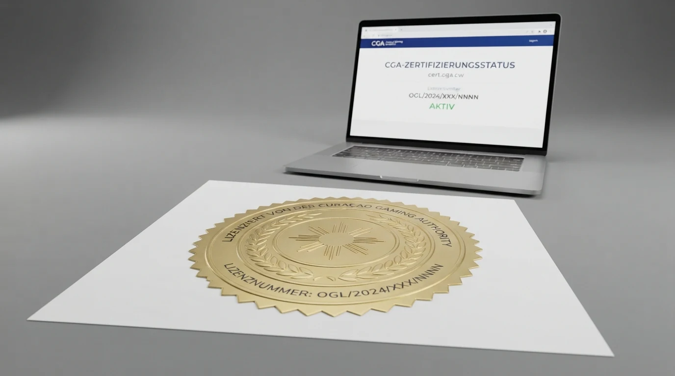 Nahaufnahme des CGA Certificate of Operation Seal auf einer Casino-Website, mit sichtbarem Lizenznummernfeld und anklickbarem Link zu cert.cga.cw