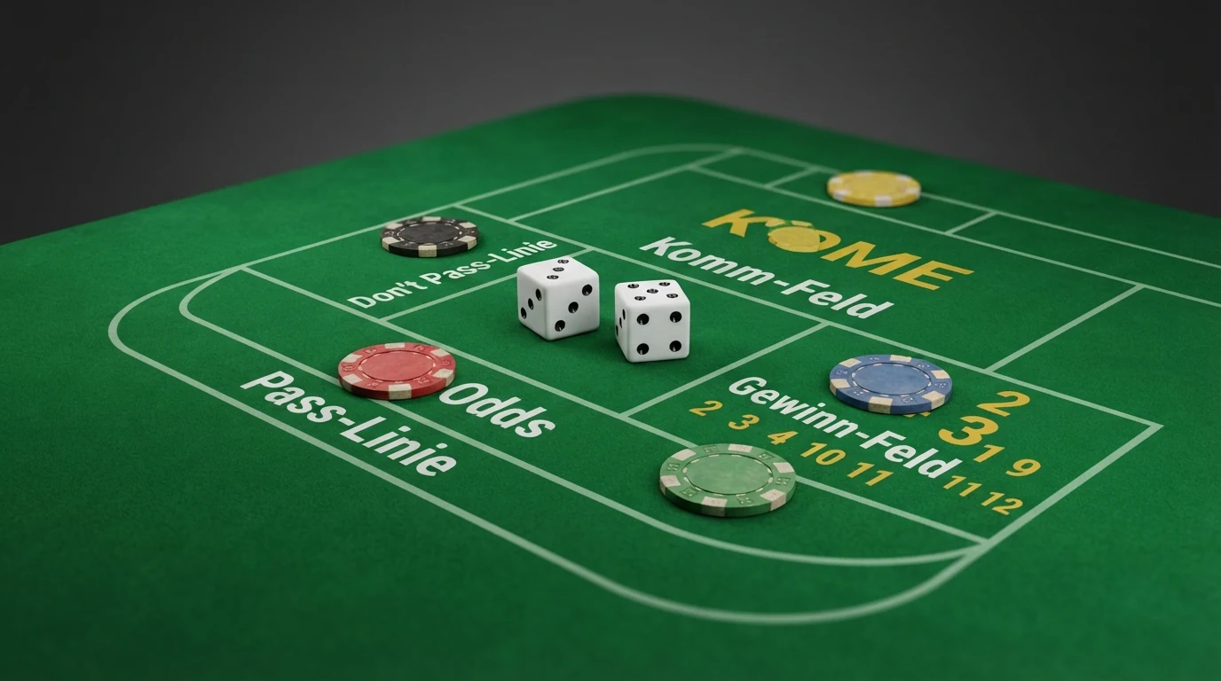 Grafische Übersicht der Craps-Wettbereiche Pass Line Don‘t Pass Come Field und Odds auf dem virtuellen Tisch