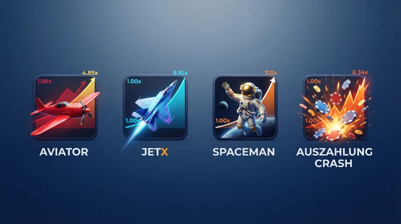 Vier Spiel-Logos von Aviator, JetX, Spaceman und Cash or Crash nebeneinander, jeweils mit einem stilisierten Multiplikator-Verlauf im Hintergrund.