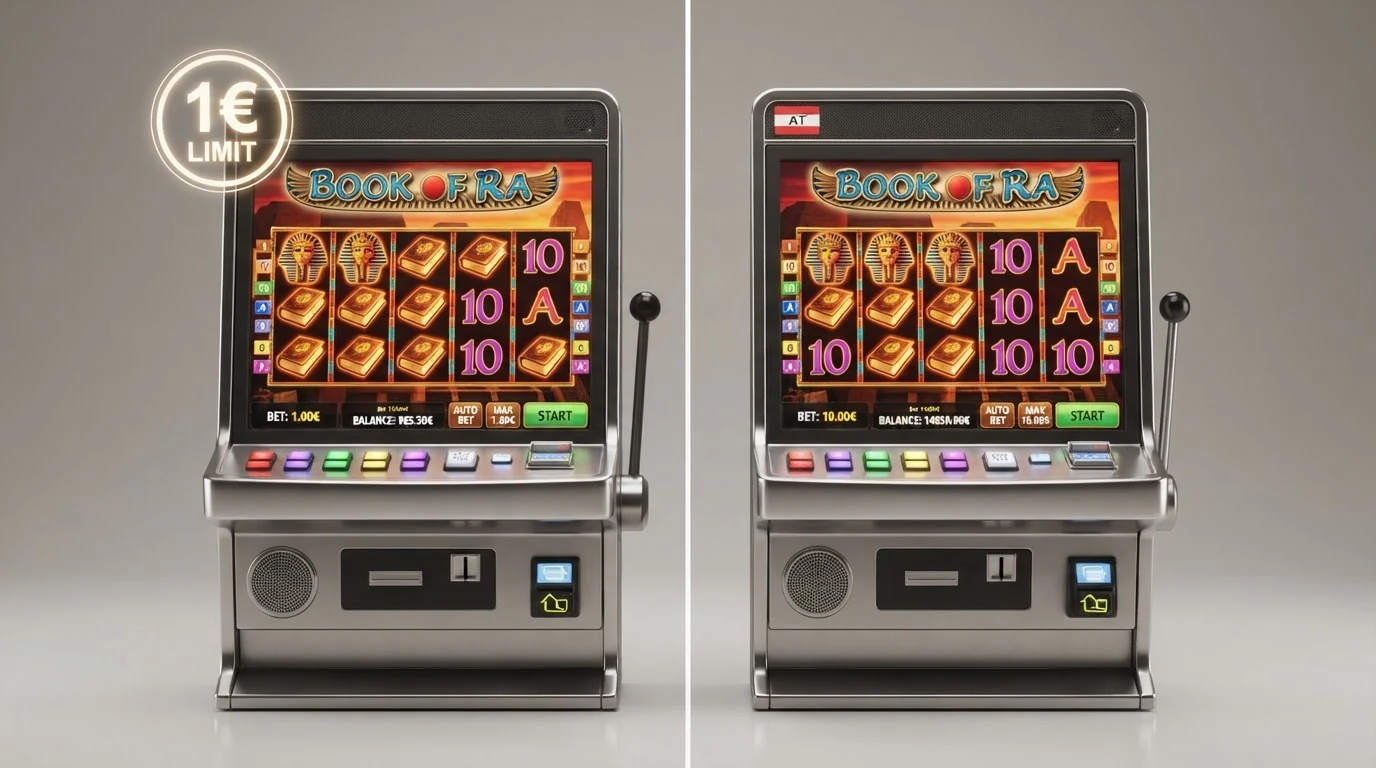 Geteilte Grafik: links das deutsche 1-Euro-Limit-Symbol auf einem Slot, rechts ein höherer Einsatzbetrag auf dem gleichen Slot mit „AT“-Kennzeichnung