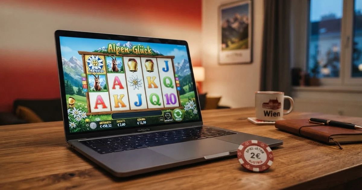 Eine Übersicht von Online-Casino-Logos und einer Vergleichstabelle auf einem Bildschirm, im Hintergrund eine stilisierte Österreich-Karte