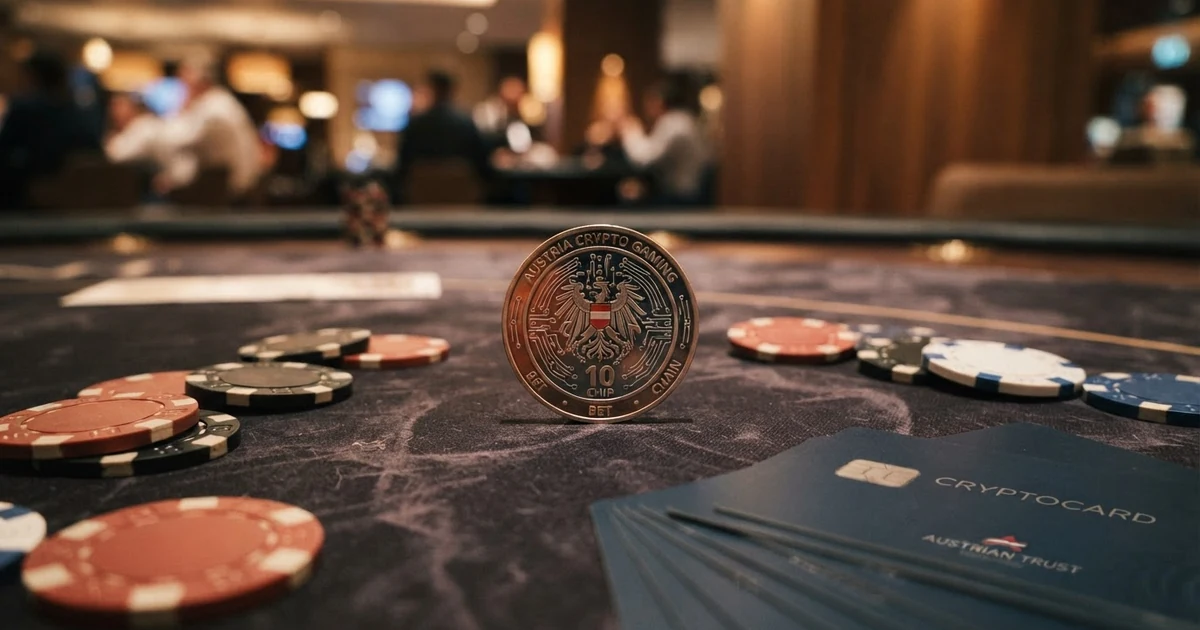 Dogecoin-Münze neben Casino-Chips und Spielkarten auf dunklem Hintergrund