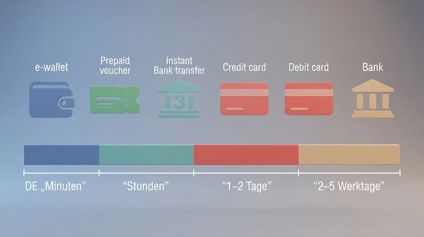 Die Logos von Skrill, Neteller, Trustly, Visa, Mastercard und Banküberweisung nebeneinander mit einem Zeitstrahl darunter