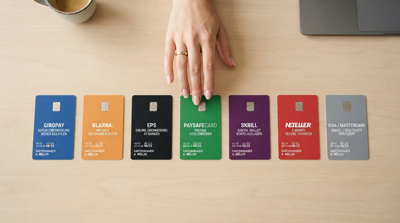 Die Logos von Skrill, Neteller, MuchBetter, ecoPayz, Paysafecard, EPS und Apple Pay in einer übersichtlichen Vergleichsgrafik