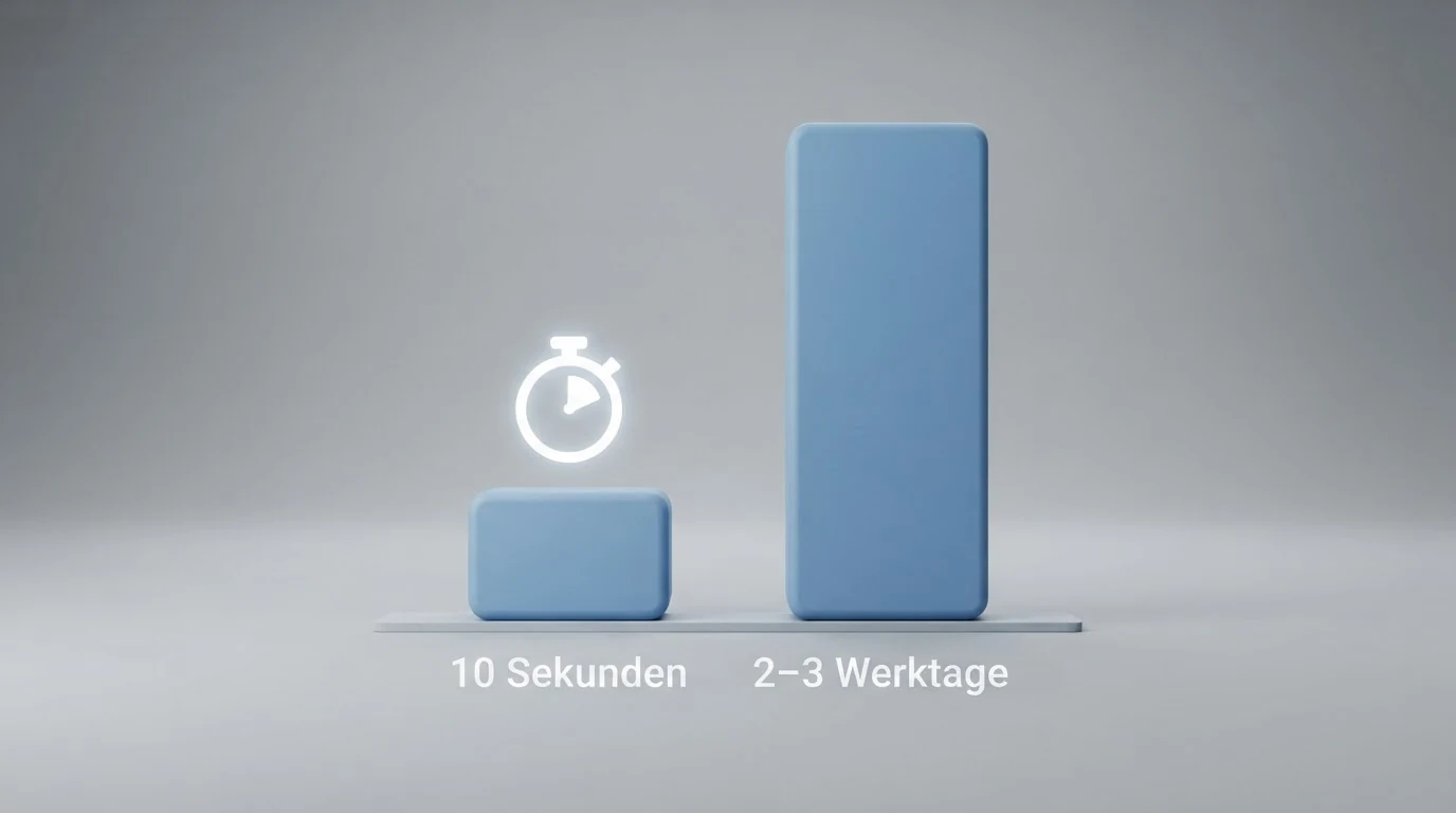 Eine Infografik zur Zahlungsgeschwindigkeit: Einzahlung per Echtzeit-Überweisung (10 Sekunden) gegenüber Auszahlung per Banküberweisung (2–3 Werktage), mit Stoppuhr-Symbol