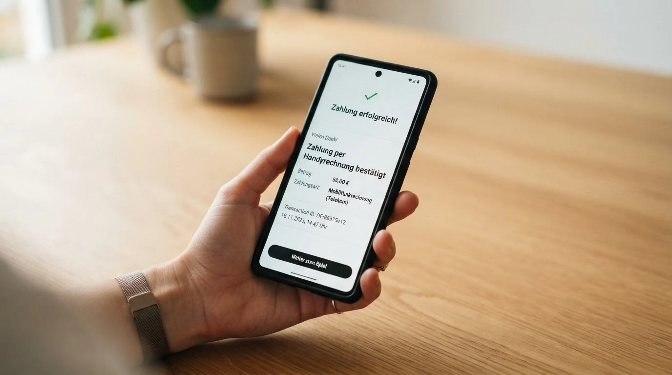 Drei aufeinanderfolgende Smartphone-Bildschirme zeigen die Schritte der Casino-Einzahlung: Auswahl der Handyrechnung als Zahlungsmethode, Eingabe des gewünschten Betrags und Bestätigung per SMS-Code