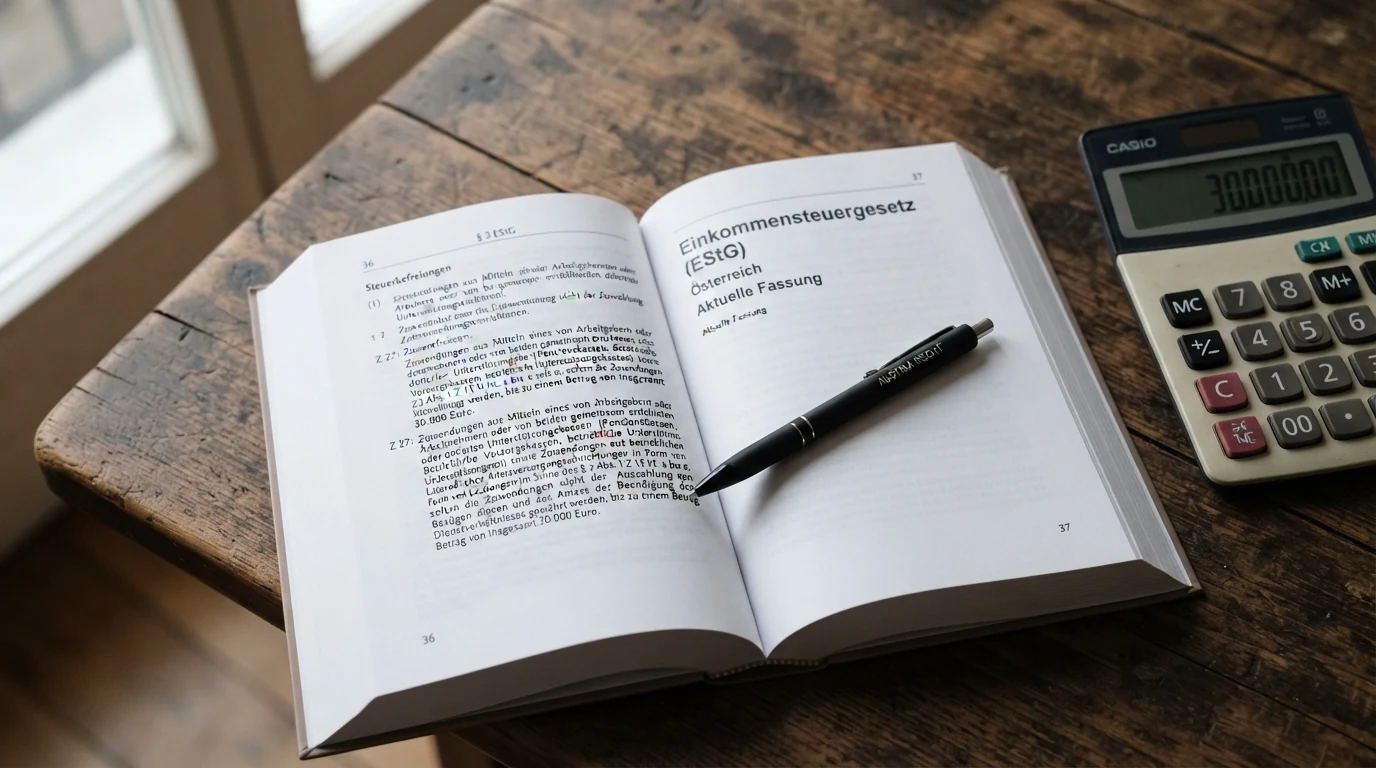 Ein aufgeschlagenes Gesetzbuch mit dem sichtbaren Paragrafen § 3 EStG, daneben ein Taschenrechner und ein Kugelschreiber