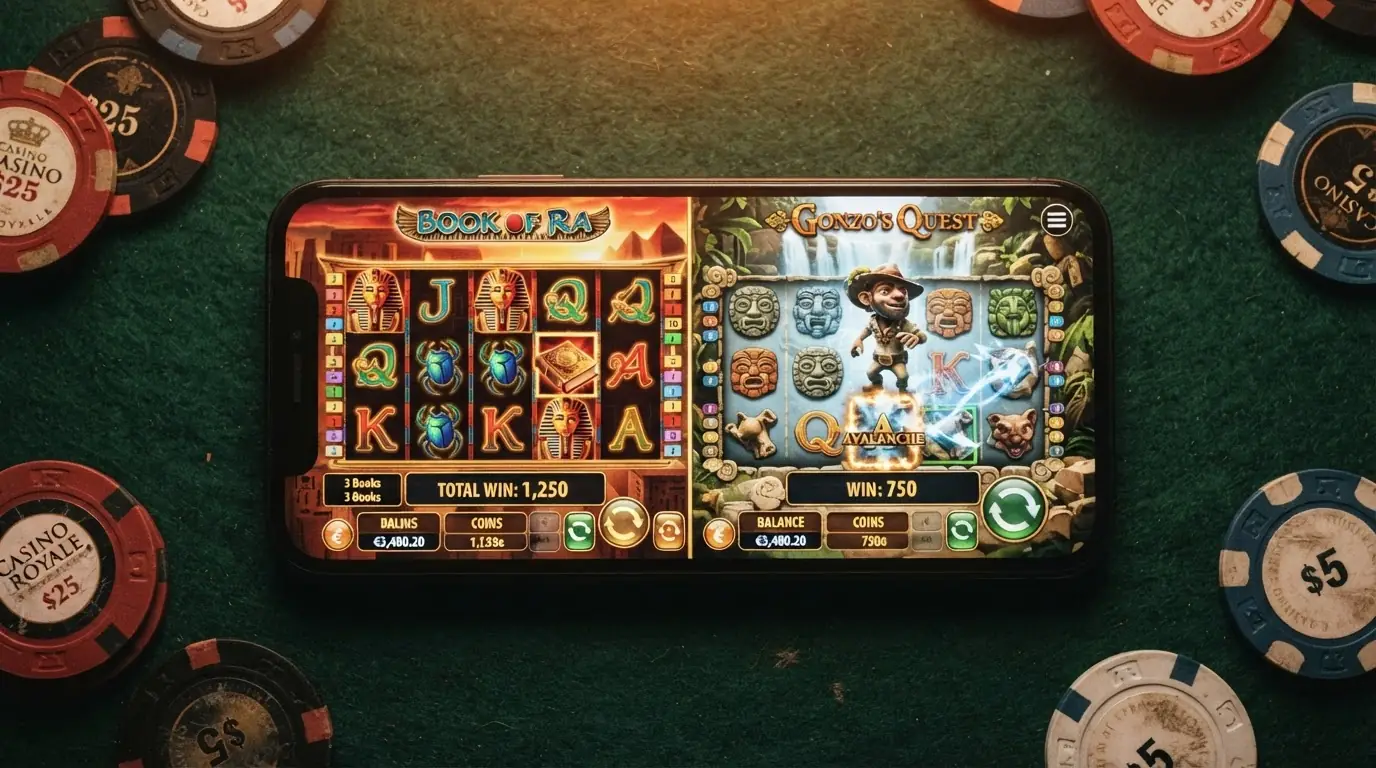 Screenshot-Montage: Book of Dead und Elvis Frog TrueWays mit eingeblendeten RTP-Werten und Volatilitätsangaben